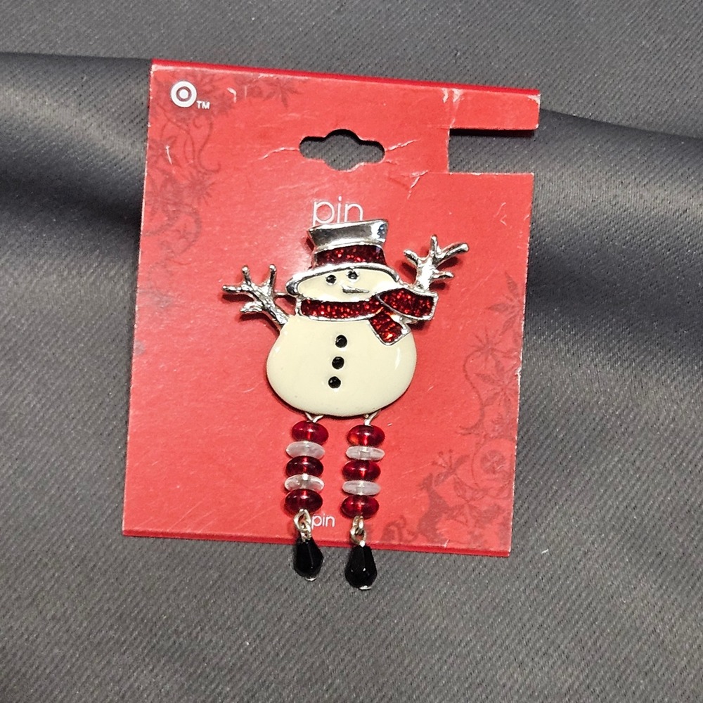 Vintage Target Snowman Pin Red Glitter Scarf Beaded Legs Christmas Brooch 2006